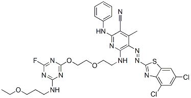 2-(Phenylamino)-5-[(4,6-dichlorobenzothiazole-2-yl)azo]-6-[[2-[2-[[4-[(3-ethoxypropyl)amino]-6-fluoro-1,3,5-triazine-2-yl]oxy]ethoxy]ethyl]amino]-4-methyl-3-pyridinecarbonitrile CAS#: 113969-09-8