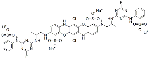4,11-Triphenodioxazinedisulfonic acid, 6,13-dichloro-3,10-bis2-4-fluoro-6-(2-sulfophenyl)amino-1,3,5-triazin-2-ylaminopropylamino-, lithium sodium salt CAS#: 163062-28-0