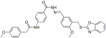 Benzoic acid, 4-[[(4-methoxyphenyl)acetyl]amino]-, [[3-[(2-benzoxazolylthio)methyl]-4-methoxyphenyl]methylene]hydrazide (9CI) CAS#: 596833-95-3