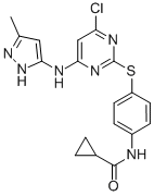 yclopropanecarboxylic acid N-[4-[[4-chloro-6-(5-methyl-2H-pyrazol-3-ylamino)pyrimidin-2-yl]sulfanyl]phenyl]amide CAS#: 639090-55-4