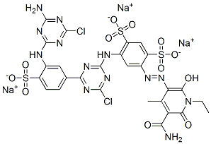 1,3-Benzenedisulfonic acid, 4-[[5-(aminocarbonyl)-1-ethyl-1,6-dihydro-2-hydroxy-4-methyl-6-oxo-3-pyridinyl]azo]-6-[[4-[3-[(4-amino-6-chloro-1,3,5-triazin-2-yl)amino]-4-sulfophenyl]-6-chloro-1,3,5-triazin-2-yl]amino]-, trisodium salt CAS#: 73455-11-5