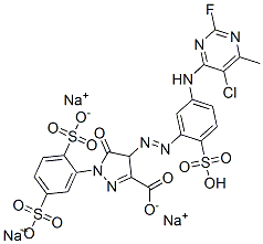 1H-Pyrazole-3-carboxylic acid, 4-[[5-[(5-chloro-2-fluoro- 6-methyl-4-pyrimidinyl)amino]-2-sulfophenyl]azo] -1-(2,5-disulfophenyl)-4,5-dihydro-5-oxo-, trisodium salt CAS#: 75198-83-3