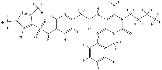 2-Pyridineacetamide,  N-[6-amino-1-butyl-3-[(2-fluorophenyl)methyl]-1,2,3,4-tetrahydro-2,4-dioxo-5-pyrimidinyl]-5-[[(5-chloro-1,3-dimethyl-1H-pyrazol-4- CAS#: 748149-17-9