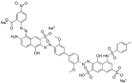 Benzoic acid, 2-[[2-amino-5-hydroxy-6-[[4'-[[1-hydroxy-8-[[(4-methylphenyl)sulfonyl]amino]-3,6-disulfo-2-naphthalenyl]azo]-3,3'-dimethoxy[1,1'-biphenyl]-4-yl]azo]-7-sulfo-1-naphthalenyl]azo]-5-nitro-, trisodium salt CAS#: 75522-94-0