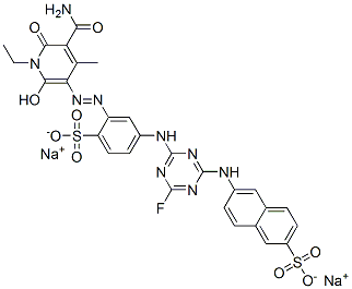 disodium 6-[[4-[[3-[[5-(aminocarbonyl)-1-ethyl-1,6-dihydro-2-hydroxy-4-methyl-6-oxo-3-pyridyl]azo]-4-sulphonatophenyl]amino]-6-fluoro-1,3,5-triazin-2-yl]amino]naphthalene-2-sulphonate CAS#: 75268-66-5