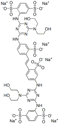 hexasodium 2-[[4-(bis(2-hydroxyethyl)amino)-6-[[4-[(E)-2-[4-[[4-(bis(2 -hydroxyethyl)amino)-6-[(2,5-disulfonatophenyl)amino]-1,3,5-triazin-2- yl]amino]-2-sulfonato-phenyl]ethenyl]-3-sulfonato-phenyl]amino]-1,3,5- triazin-2-yl]amino]benzene-1,4-disulfonate CAS#: 76482-78-5