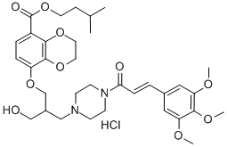 1,4-Benzodioxin-5-carboxylic acid, 2,3-dihydro-8-(2-(hydroxymethyl)-3- (4-(1-oxo-3-(3,4,5-trimethoxyphenyl)-2-propenyl)-1-piperazinyl)propoxy )-, 3-methylbutyl ester, monohydrochloride CAS#: 86580-12-3