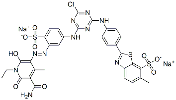 7-Benzothiazolesulfonic acid, 2-[4-[[4-[[3-[[5-(aminocarbonyl)-1-ethyl-1,6-dihydro-2-hydroxy-4-methyl-6-oxo-3-pyridinyl]azo]-4-sulfophenyl] amino]-6-chloro-1,3,5-triazin-2-yl]amino] phenyl]-6-methyl-, disodium salt CAS#: 85665-95-8