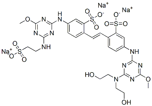 Benzenesulfonic acid, 5-[[4-[bis(2-hydroxyethyl)amino]-6-methoxy-1,3,5-triazin-2-yl]amino]-2-[2-[4-[[4-methoxy-6-[(2-sulfoethyl)amino]-1,3,5-triazin-2-yl]amino]-2-sulfophenyl]ethenyl]-, trisodium salt CAS#: 86271-35-4