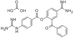 Benzoic acid, 4-((aminoiminomethyl)amino)-, 4-(aminoiminomethyl)-2-ben zoylphenyl ester, carbonate (1:1) CAS#: 84436-15-7