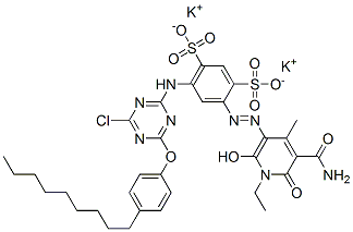 dipotassium 4-[[5-(aminocarbonyl)-1-ethyl-1,6-dihydro-2-hydroxy-4-methyl-6-oxo-3-pyridyl]azo]-6-[[4-chloro-6-(4-nonylphenoxy)-1,3,5-triazin-2-yl]amino]benzene-1,3-disulphonate CAS#: 84434-49-1