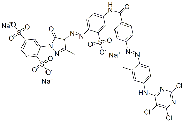 trisodium 2-[4,5-dihydro-3-methyl-4-[[4-[[4-[[2-methyl-4-[(2,5,6-trichloropyrimidin-4-yl)amino]phenyl]azo]benzoyl]amino]-2-sulphonatophenyl]azo]-5-oxo-1H-pyrazol-1-yl]benzene-1,4-disulphonate CAS#: 89923-45-5