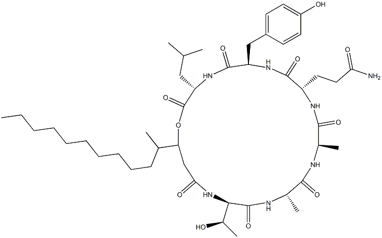 Cyclo[D-aThr-L-Ala-D-Ala-L-Gln-D-Tyr-L-Leu-2-deamino-3-(1-methylundecyl)-Ser*-] CAS#: 96666-31-8