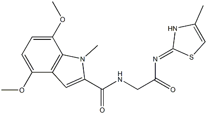 4,7-dimethoxy-1-methyl-N-(2-{[(2E)-4-methyl-1,3-thiazol-2(3H)-ylidene]amino}-2-oxoethyl)-1H-indole-2-carboxamide CAS#: 951946-86-4