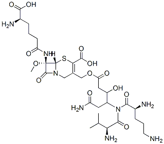 (7S)-7-[[(R)-5-Amino-5-carboxy-1-oxopentyl]amino]-7-methoxy-3-[[[6-amino-3-hydroxy-4-(L-ornithyl-L-valylamino)-1,6-dioxohexyl]oxy]methyl]cepham-3-ene-4-carboxylic acid CAS#: 99332-96-4